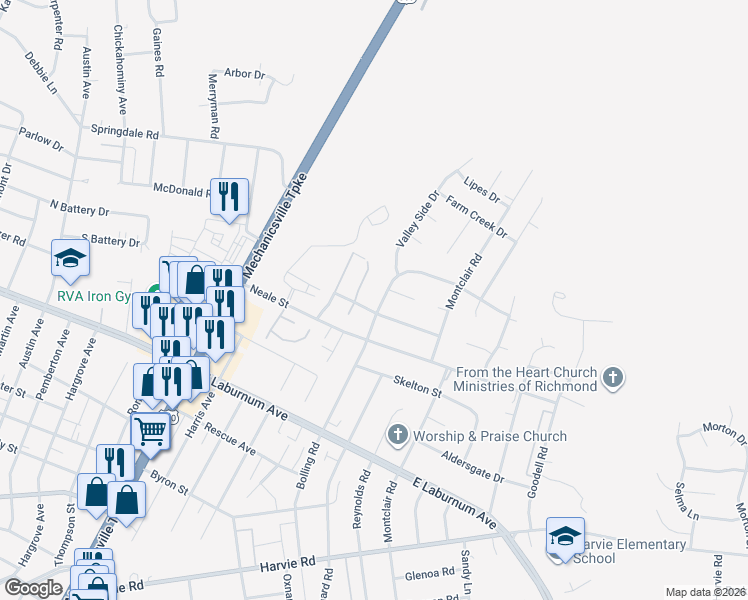 map of restaurants, bars, coffee shops, grocery stores, and more near 3916 Bolling Road in Richmond