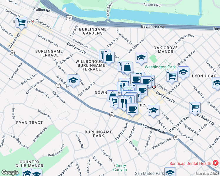 map of restaurants, bars, coffee shops, grocery stores, and more near 1411 Floribunda Avenue in Burlingame