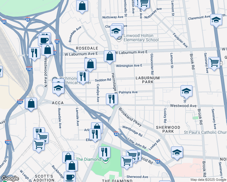 map of restaurants, bars, coffee shops, grocery stores, and more near 3508 Hermitage Road in Richmond
