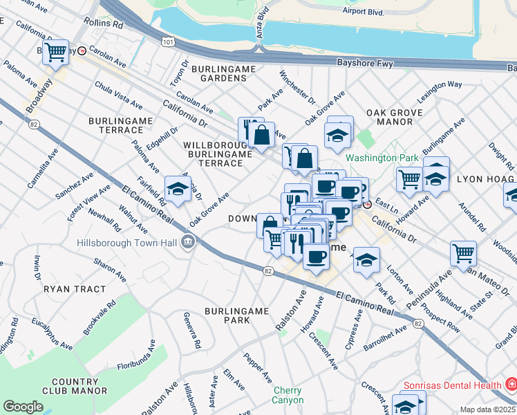 map of restaurants, bars, coffee shops, grocery stores, and more near 1415 Floribunda Avenue in Burlingame