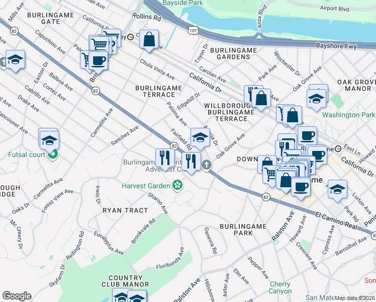 map of restaurants, bars, coffee shops, grocery stores, and more near 744 El Camino Real in Burlingame