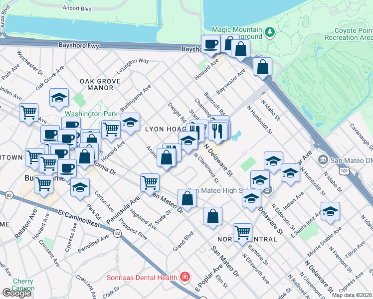 map of restaurants, bars, coffee shops, grocery stores, and more near 1 Clarendon Road in Burlingame