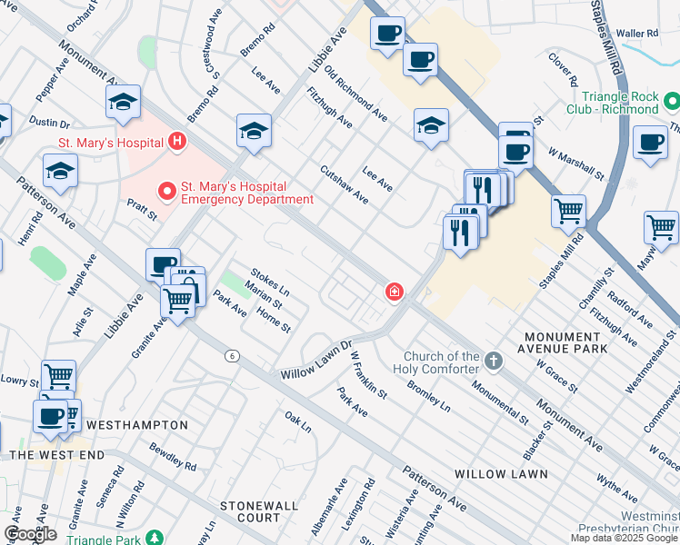 map of restaurants, bars, coffee shops, grocery stores, and more near 1231 Byrd Avenue in Richmond