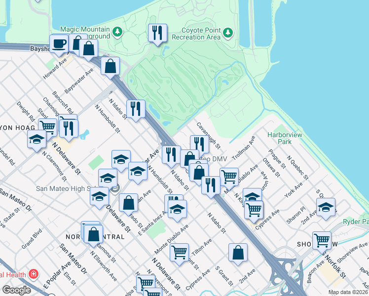 map of restaurants, bars, coffee shops, grocery stores, and more near 412 North Bayshore Boulevard in San Mateo