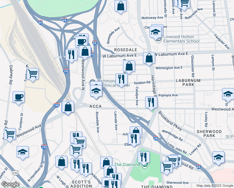 map of restaurants, bars, coffee shops, grocery stores, and more near 1911 Elmsmere Avenue in Richmond