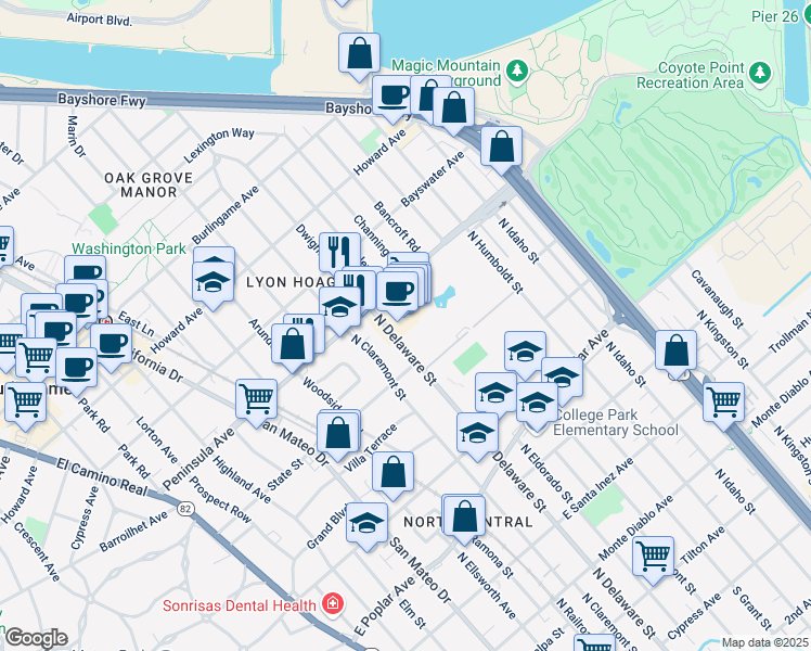 map of restaurants, bars, coffee shops, grocery stores, and more near 816 North Delaware Street in San Mateo