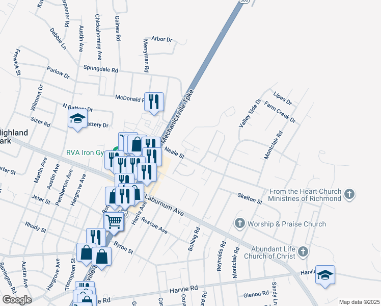 map of restaurants, bars, coffee shops, grocery stores, and more near 3912 Grove Point Drive in Richmond