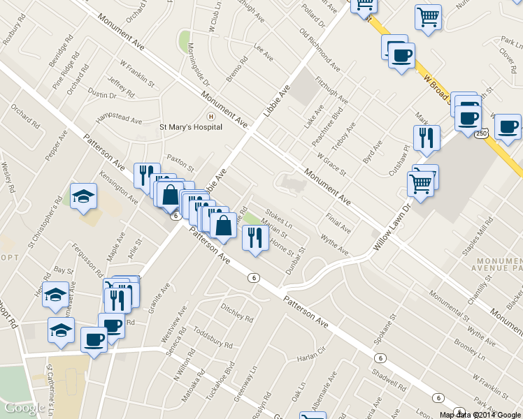 map of restaurants, bars, coffee shops, grocery stores, and more near 5407 Stokes Lane in Richmond