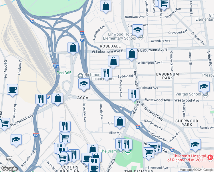 map of restaurants, bars, coffee shops, grocery stores, and more near 1903 Elmsmere Avenue in Richmond