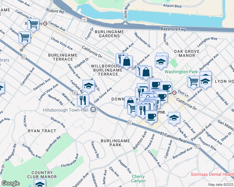 map of restaurants, bars, coffee shops, grocery stores, and more near 1440 Floribunda Avenue in Burlingame