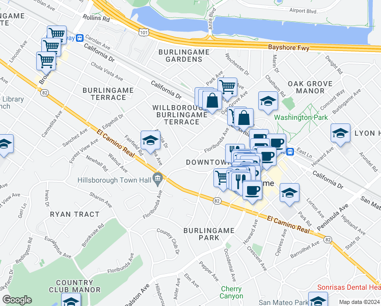 map of restaurants, bars, coffee shops, grocery stores, and more near 1440 Floribunda Avenue in Burlingame