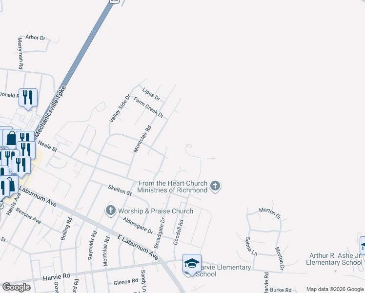 map of restaurants, bars, coffee shops, grocery stores, and more near 3213 Purvis Road in Richmond