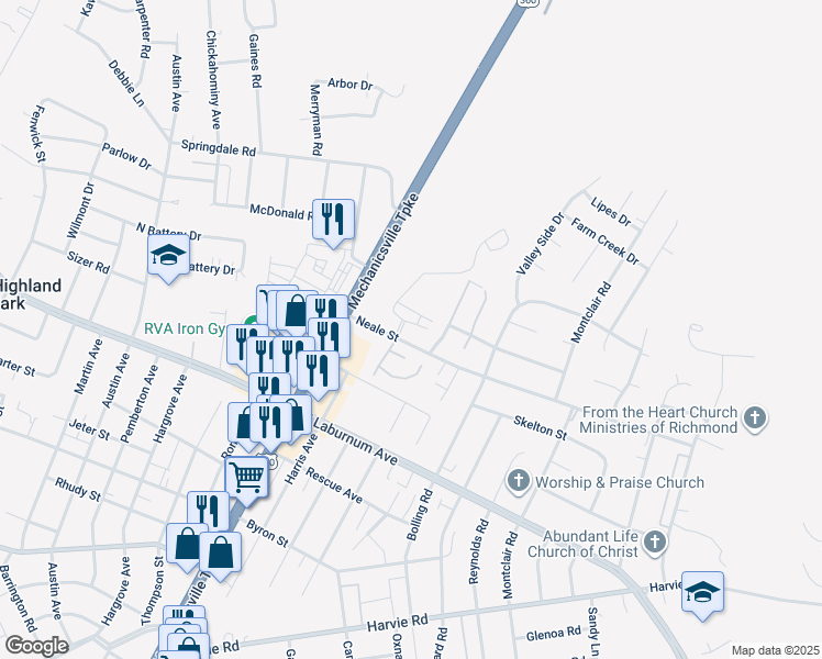 map of restaurants, bars, coffee shops, grocery stores, and more near 3912 Grove Point Drive in Richmond