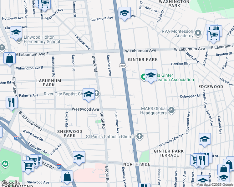 map of restaurants, bars, coffee shops, grocery stores, and more near 1101 Melrose Avenue in Richmond