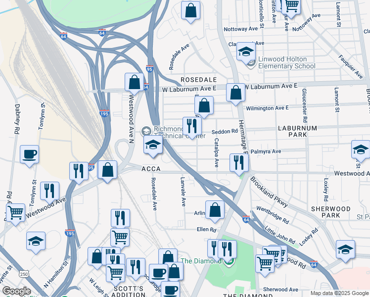 map of restaurants, bars, coffee shops, grocery stores, and more near 1911 Elmsmere Avenue in Richmond