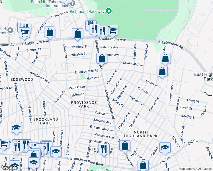 map of restaurants, bars, coffee shops, grocery stores, and more near 3417 Meadowbridge Road in Richmond