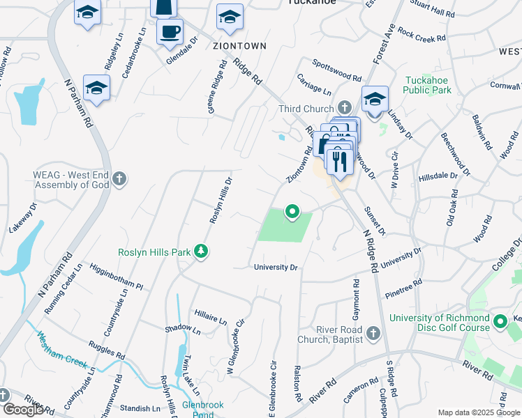 map of restaurants, bars, coffee shops, grocery stores, and more near 346 Ziontown Road in Henrico
