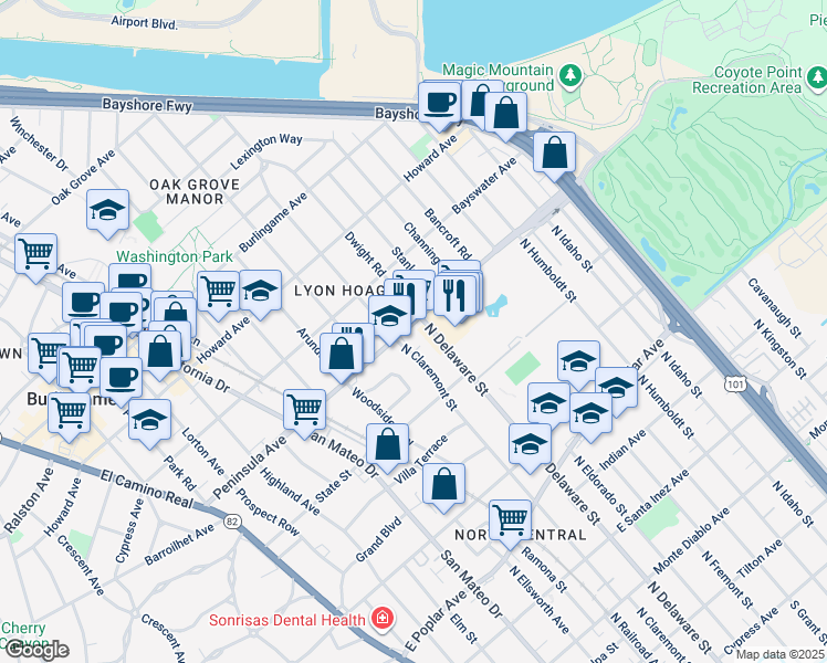 map of restaurants, bars, coffee shops, grocery stores, and more near 871 North Claremont Street in San Mateo