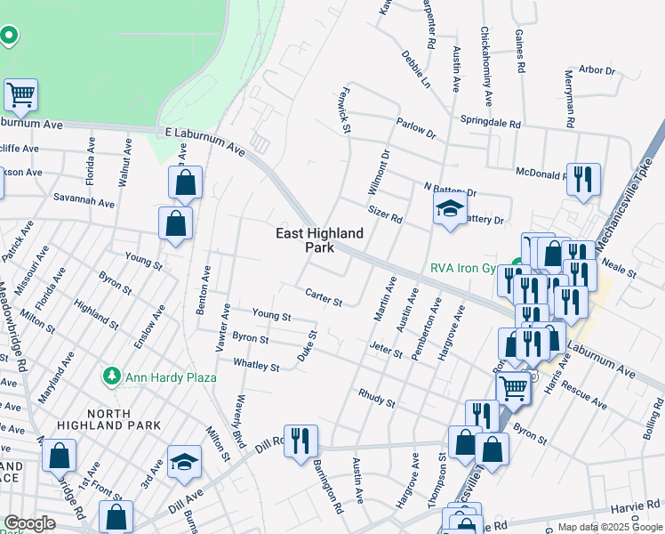 map of restaurants, bars, coffee shops, grocery stores, and more near 1602 Savannah Avenue in Richmond