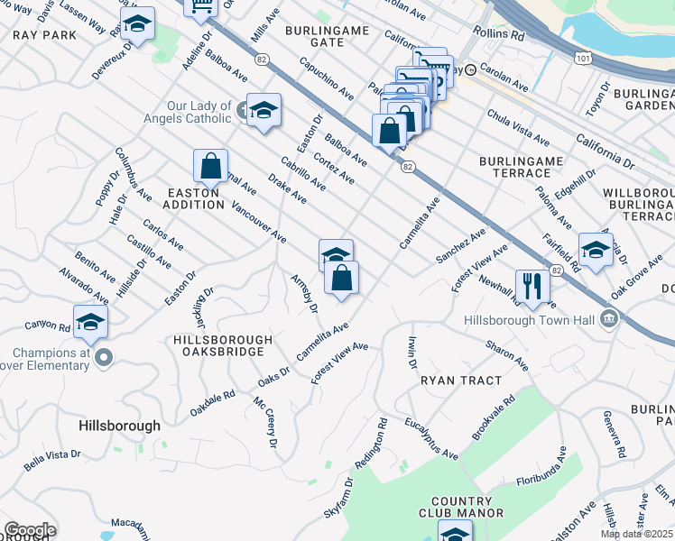 map of restaurants, bars, coffee shops, grocery stores, and more near 1150 Vancouver Avenue in Burlingame
