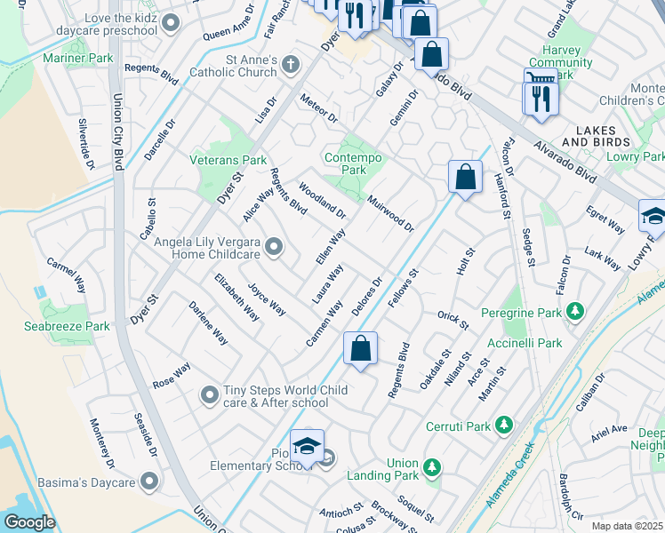 map of restaurants, bars, coffee shops, grocery stores, and more near 4551 Carmen Way in Union City