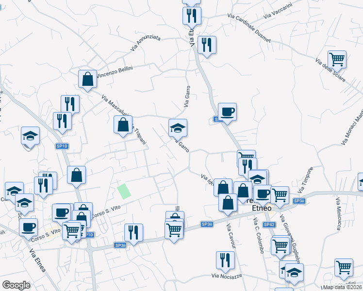 map of restaurants, bars, coffee shops, grocery stores, and more near 86 Via Garro in Tremestieri Etneo