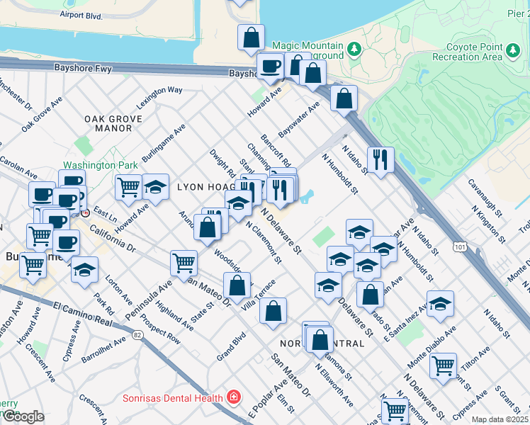 map of restaurants, bars, coffee shops, grocery stores, and more near 847 North Delaware Street in San Mateo