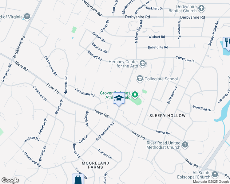 map of restaurants, bars, coffee shops, grocery stores, and more near 13 Chapaqua Drive in Richmond