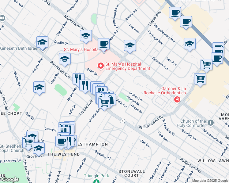 map of restaurants, bars, coffee shops, grocery stores, and more near 5700 West Franklin Street in Richmond