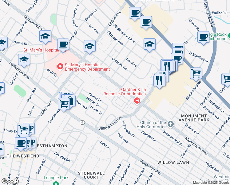 map of restaurants, bars, coffee shops, grocery stores, and more near 5300 West Franklin Street in Richmond