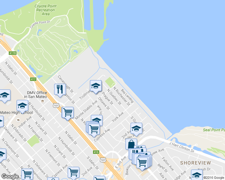 map of restaurants, bars, coffee shops, grocery stores, and more near 131 North Quebec Street in San Mateo