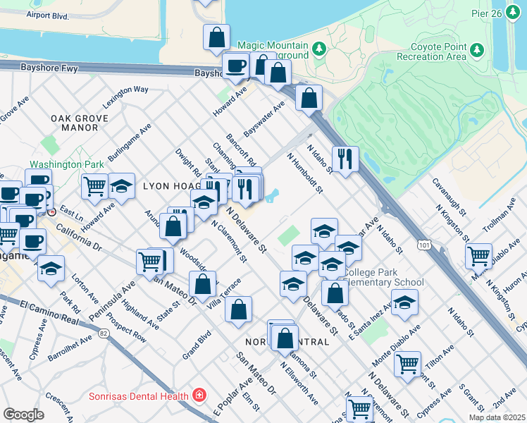map of restaurants, bars, coffee shops, grocery stores, and more near 816 North Delaware Street in San Mateo
