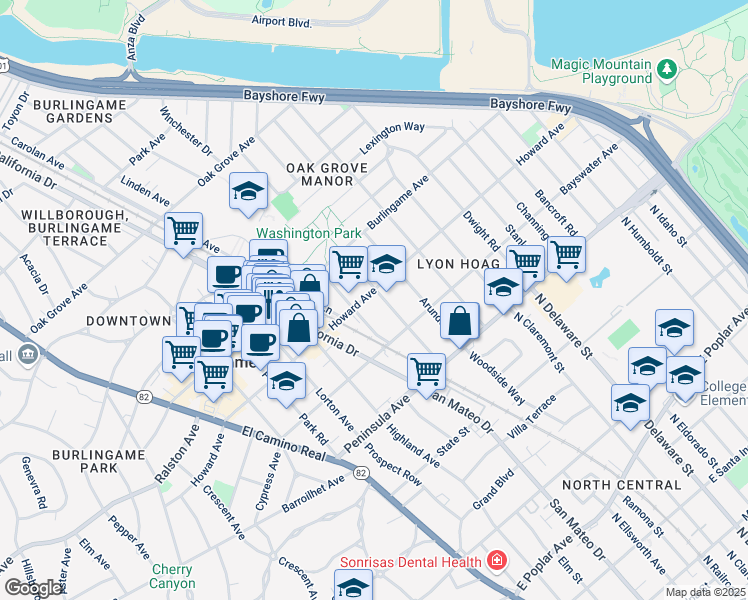 map of restaurants, bars, coffee shops, grocery stores, and more near 132 Myrtle Road in Burlingame
