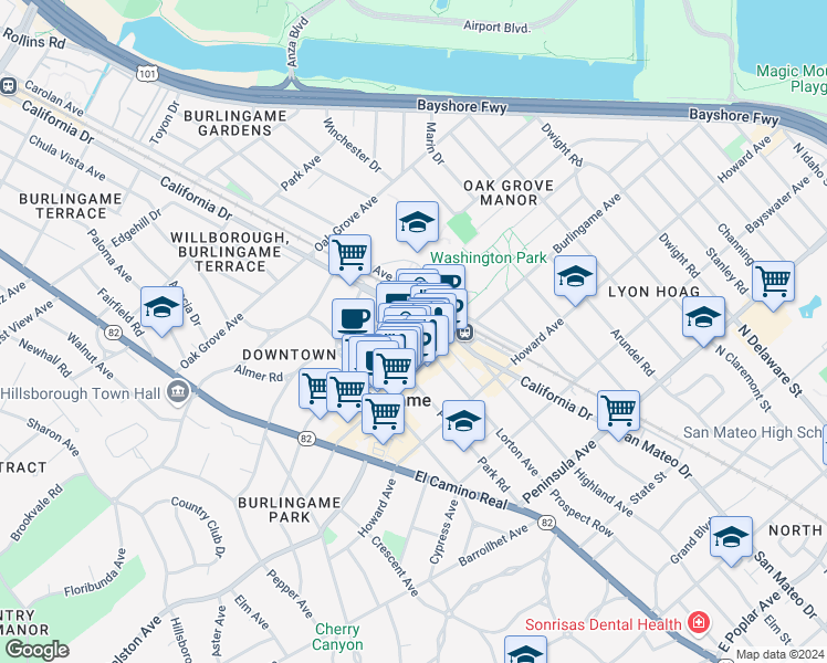 map of restaurants, bars, coffee shops, grocery stores, and more near 1210 Donnelly Avenue in Burlingame