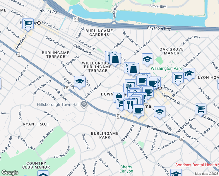 map of restaurants, bars, coffee shops, grocery stores, and more near in Burlingame