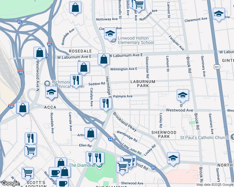 map of restaurants, bars, coffee shops, grocery stores, and more near 1610 Palmyra Avenue in Richmond