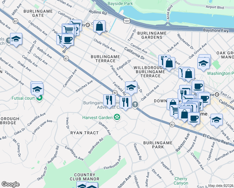 map of restaurants, bars, coffee shops, grocery stores, and more near 789 El Camino Real in Burlingame