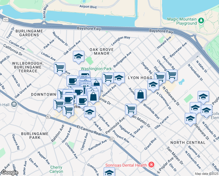 map of restaurants, bars, coffee shops, grocery stores, and more near 132 Myrtle Road in Burlingame