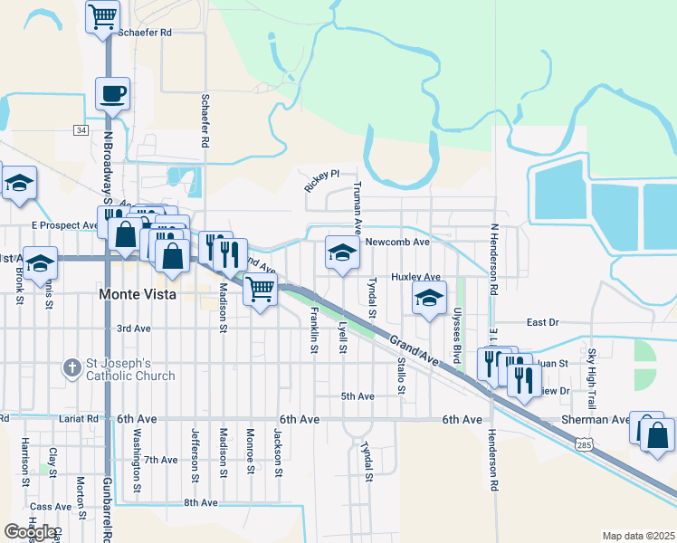 map of restaurants, bars, coffee shops, grocery stores, and more near 215 Lyell Street in Monte Vista