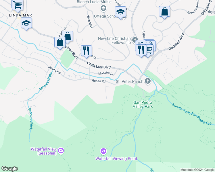 map of restaurants, bars, coffee shops, grocery stores, and more near 1508 Valdez Way in Pacifica