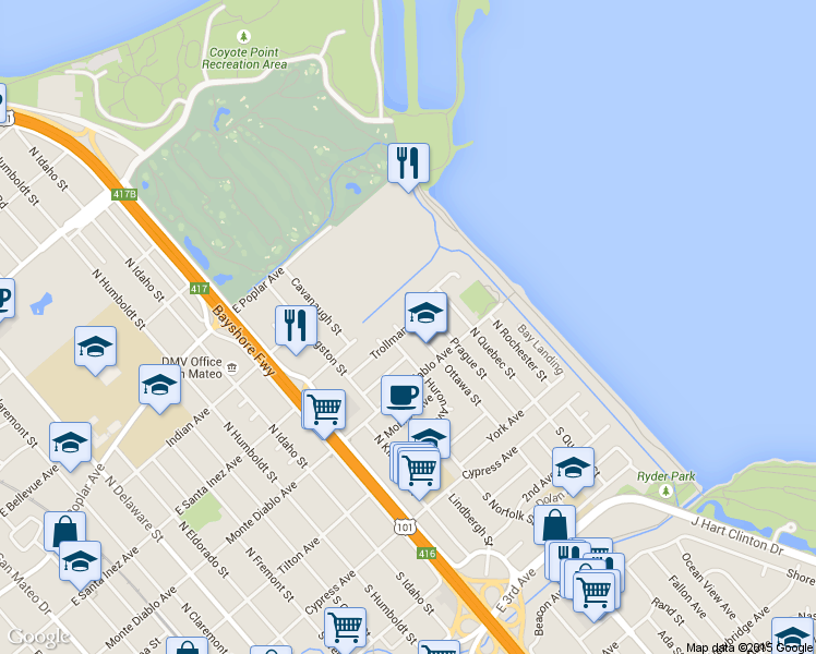 map of restaurants, bars, coffee shops, grocery stores, and more near 1575 Trollman Avenue in San Mateo