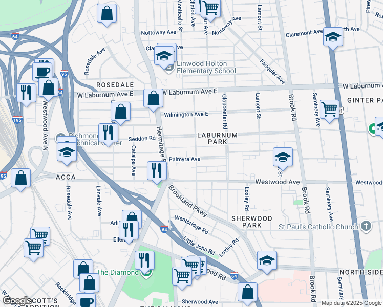 map of restaurants, bars, coffee shops, grocery stores, and more near 1600 Palmyra Avenue in Richmond