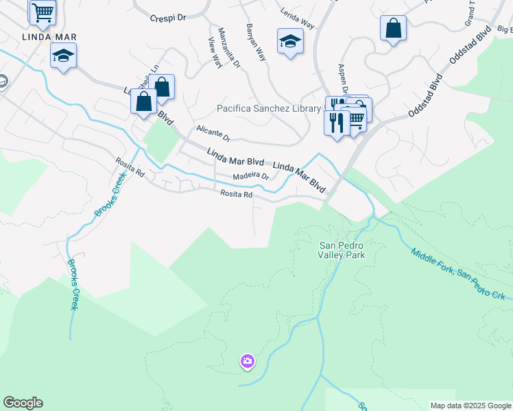 map of restaurants, bars, coffee shops, grocery stores, and more near 1508 Valdez Way in Pacifica