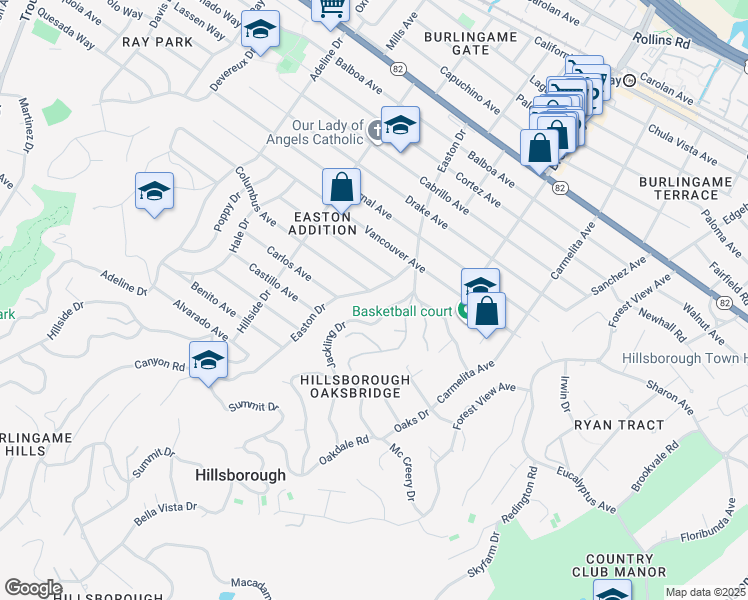 map of restaurants, bars, coffee shops, grocery stores, and more near 2301 Easton Drive in Burlingame