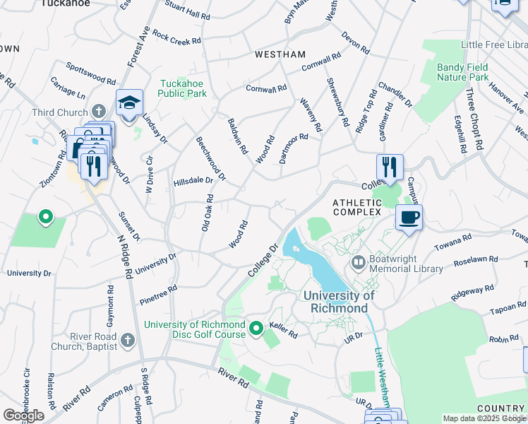 map of restaurants, bars, coffee shops, grocery stores, and more near 6805 Lakewood Drive in Richmond
