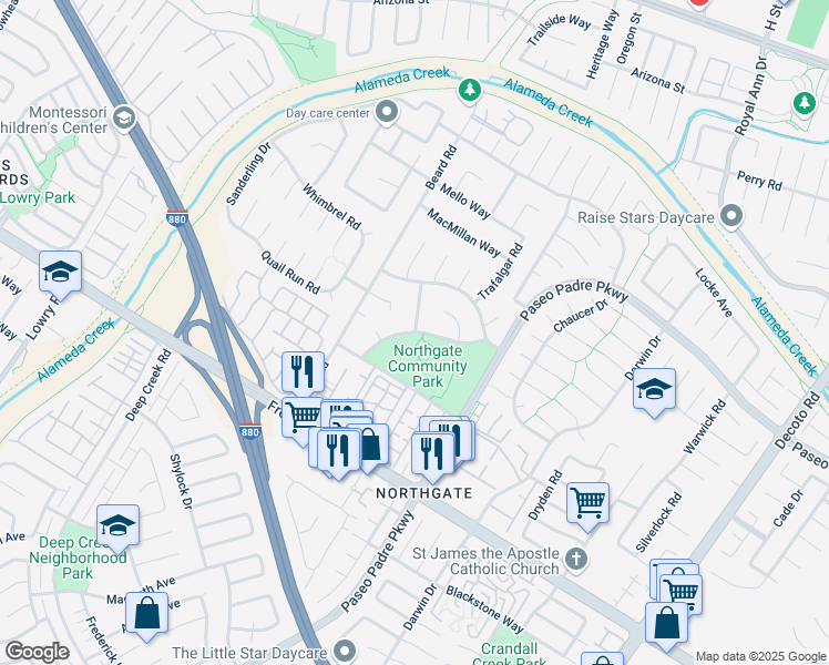 map of restaurants, bars, coffee shops, grocery stores, and more near 33949 Rowland Drive in Fremont