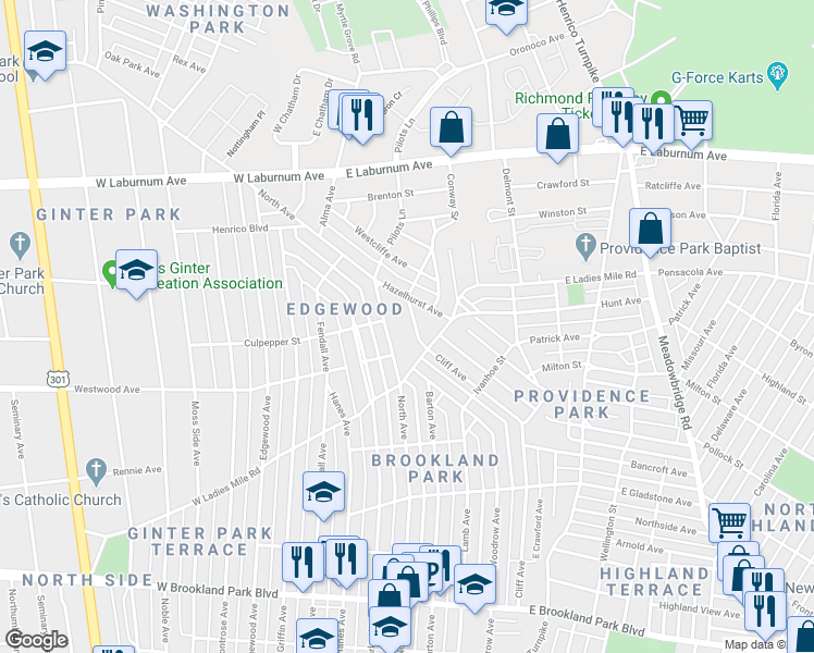 map of restaurants, bars, coffee shops, grocery stores, and more near 3408 Cliff Avenue in Richmond