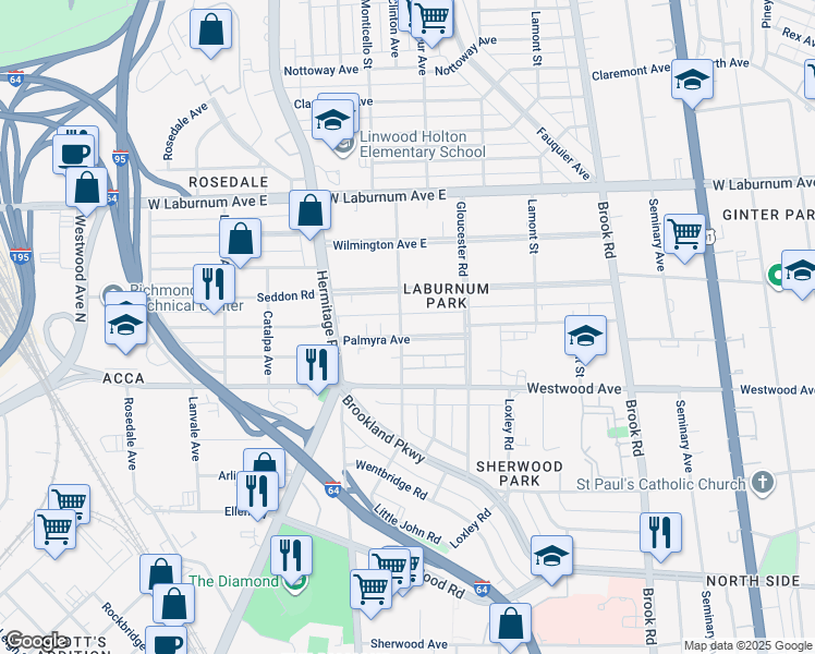 map of restaurants, bars, coffee shops, grocery stores, and more near 1514 Palmyra Avenue in Richmond