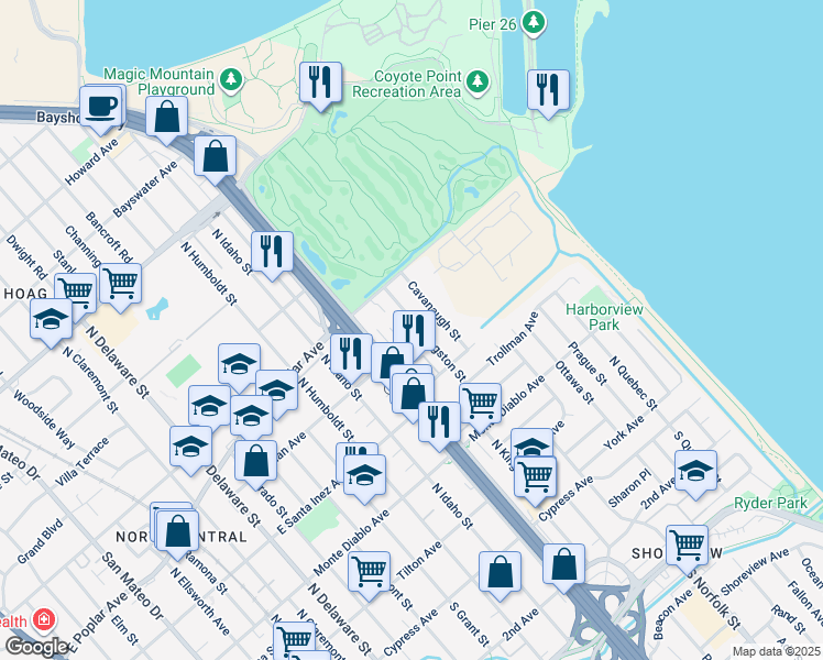 map of restaurants, bars, coffee shops, grocery stores, and more near 401 Rogell Avenue in San Mateo