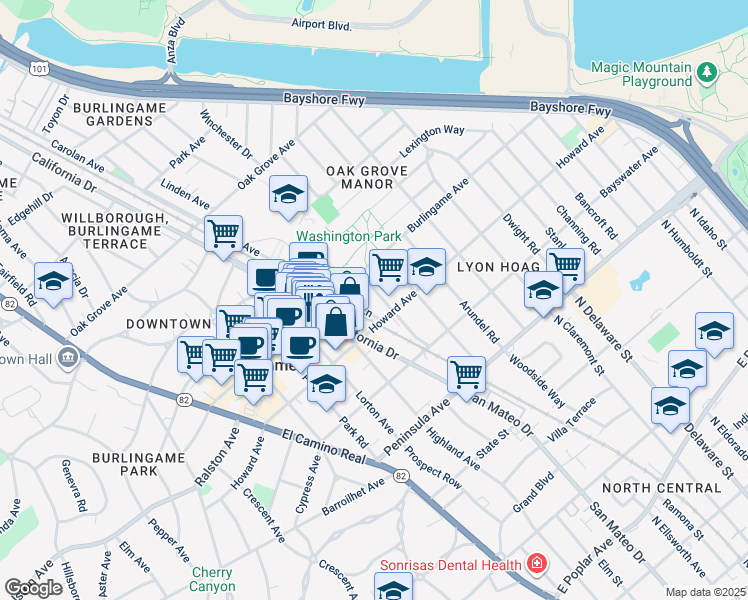 map of restaurants, bars, coffee shops, grocery stores, and more near 212 East Lane in Burlingame